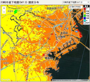 川崎市直下型地震の震度予測地図（朝日新聞より）