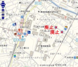 日吉3～4丁目周辺の電話ボックス位置図（NTT東日本の公衆電話設置場所検索の地図を加工）