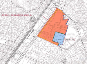 「港北箕輪町二丁目地区 地区計画」の位置図、赤い部分がマンションなどを建設する「A地区」、青い部分が小学校を建てる「B地区」で、旧NRI野村総研のデータセンター跡地がそのまま小学校用地となっている（横浜市が公表した「計画図1」より）