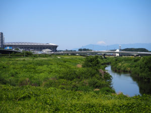 鶴見川流域には日産スタジアムや富士山も（5月29日、大倉山・大豆戸町付近）
