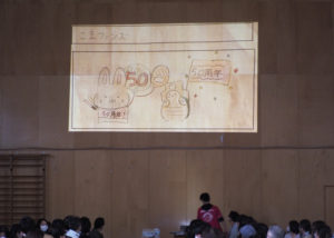 体育館にスライドで浮かび上がる駒林小学校創立50周年キャラクター「こまファンズ」