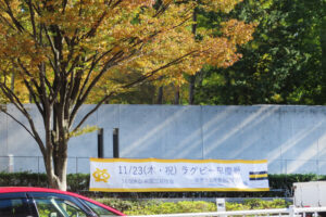 銀杏並木も金色に染まりつつある慶應義塾日吉キャンパス前でも横断幕で「ラグビー早慶戦」をアピール（11月20日）