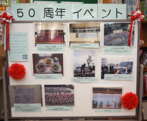 「50周年イベント」の様子が展示されていました。「明和電機」のステージの写真が早くも右下に掲出されていました