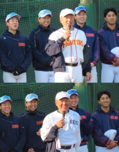 新年度から慶應義塾大学準硬式野球部の監督に就任した森江さんがあいさつ内でコーチを務める「日吉レッドファイターズ」から慶應義塾のユニフォームに瞬間で着替えるパフォーマンスで子どもたちを笑顔にしていた