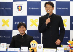 「日吉のお店でご飯を食べたことも想い出」と角田選手。田中選手は「日吉下田にはラグビー部や野球部などもあり、切磋琢磨し合えたことも大きかった。ジムやトレーニング施設も整っているし日吉の駅からも徒歩圏内で、非常にいい環境で過ごすことができたかなと思います」と語る