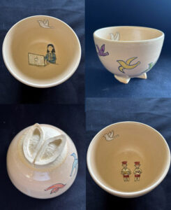 英理女子学院高校の校章や校内のステンドグラスに描かれた鳩、生徒などもた「茶器」に描かれている(同校提供)